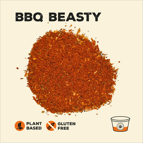bbq beasty seasoning by nature kitchen in a pile on a cream background