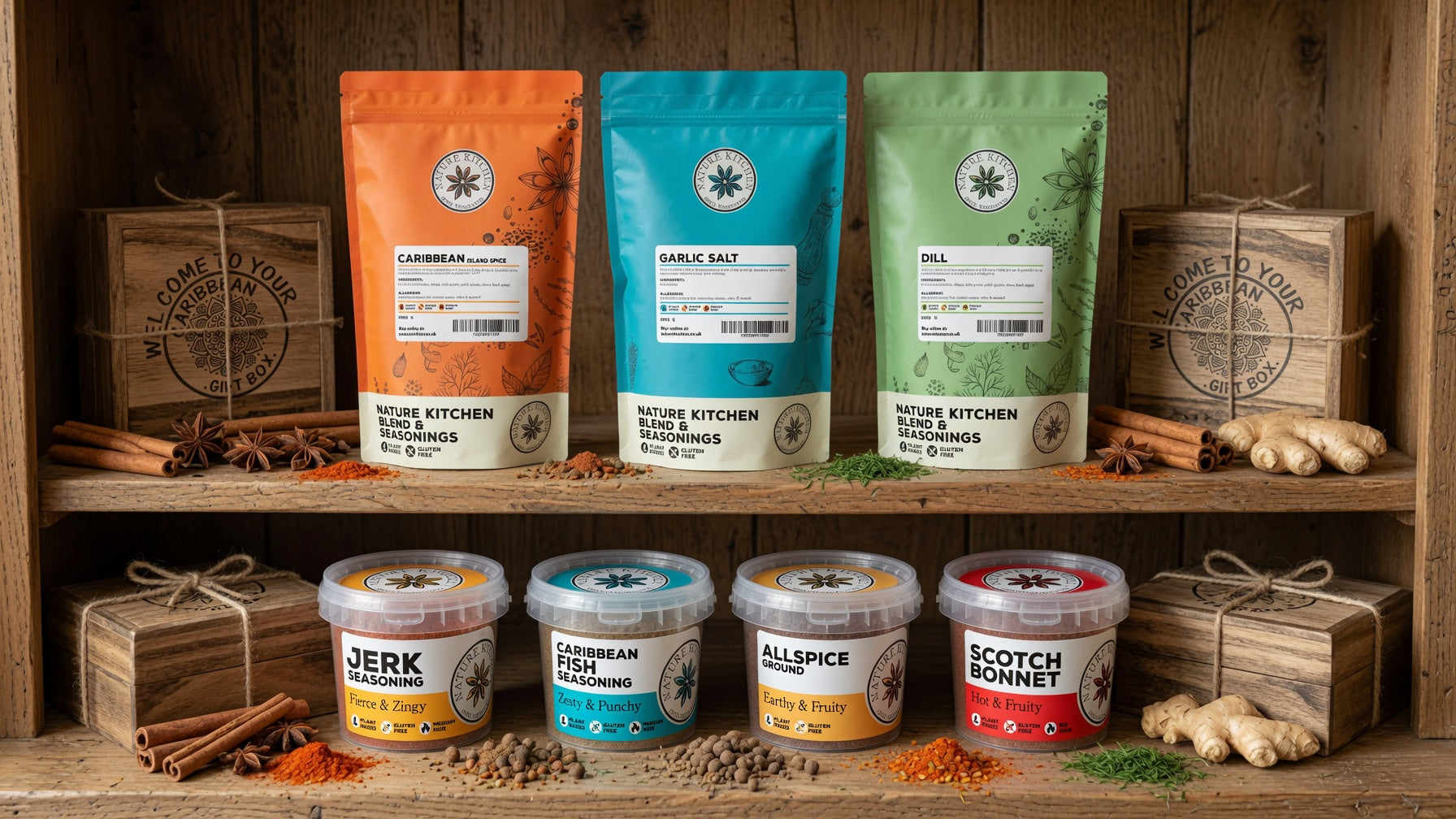 Four stand-up pouches of seasoning blends and four plastic jars of spices arranged on rustic wooden shelves with cinnamon sticks, ginger, and small wooden gift boxes.
