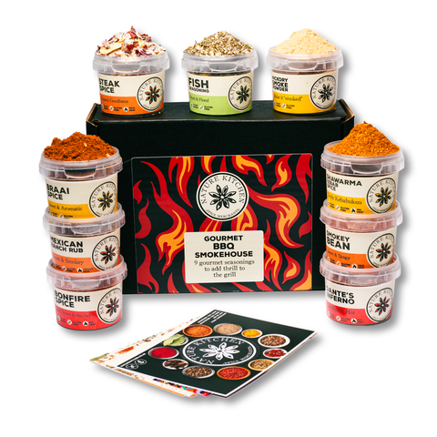 Gourmet bbq Smokehouse spice selection - South African Braai spice - Mexican Ranch Rub - Bonfire Spice - Steak Spice - Fish Seasoning-Hickory Smoke- Shawarma kebab spice  -Smokey Bean seasoning - Dantes Inferno Hot Mix - Recipe card