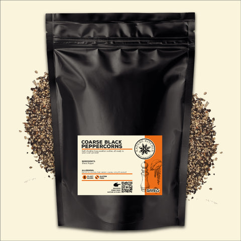 Coarse black peppercorns in a bag