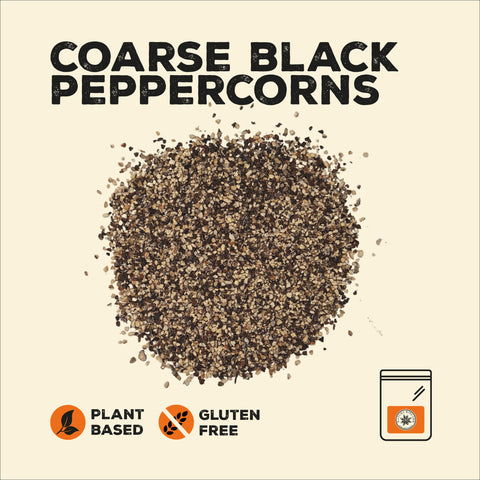 Coarse black peppercorns in a pile