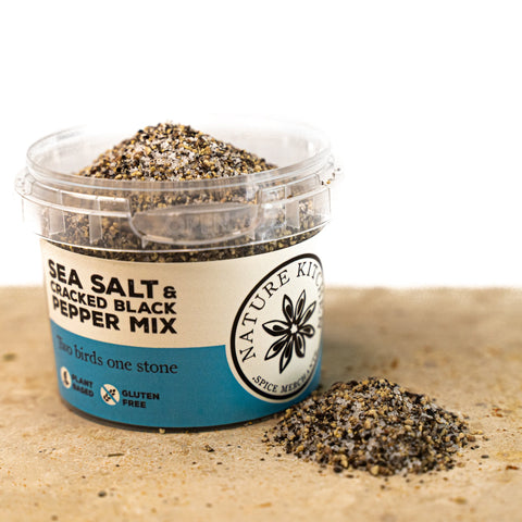 Sea Salt & Cracked Black Pepper Mix in a pot
