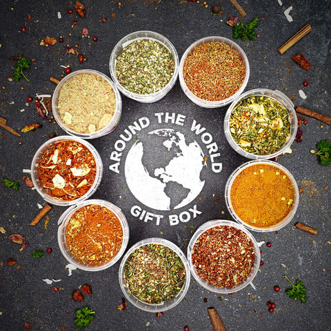 around the world 9 spice blends gift box 9 spice pots around a world logo for nature kitchen gift box