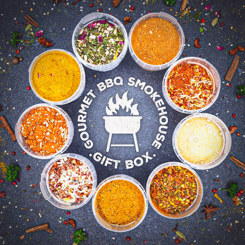 Gourmet BBQ Smoke House Selection box 9 Spice Pots and Recipe Cards